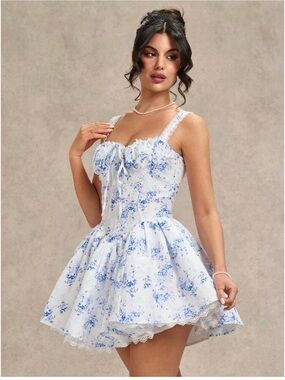 Women's Corset Mini Dress Floral Lace up Low Cut Ruffle Blue Floral Bustier